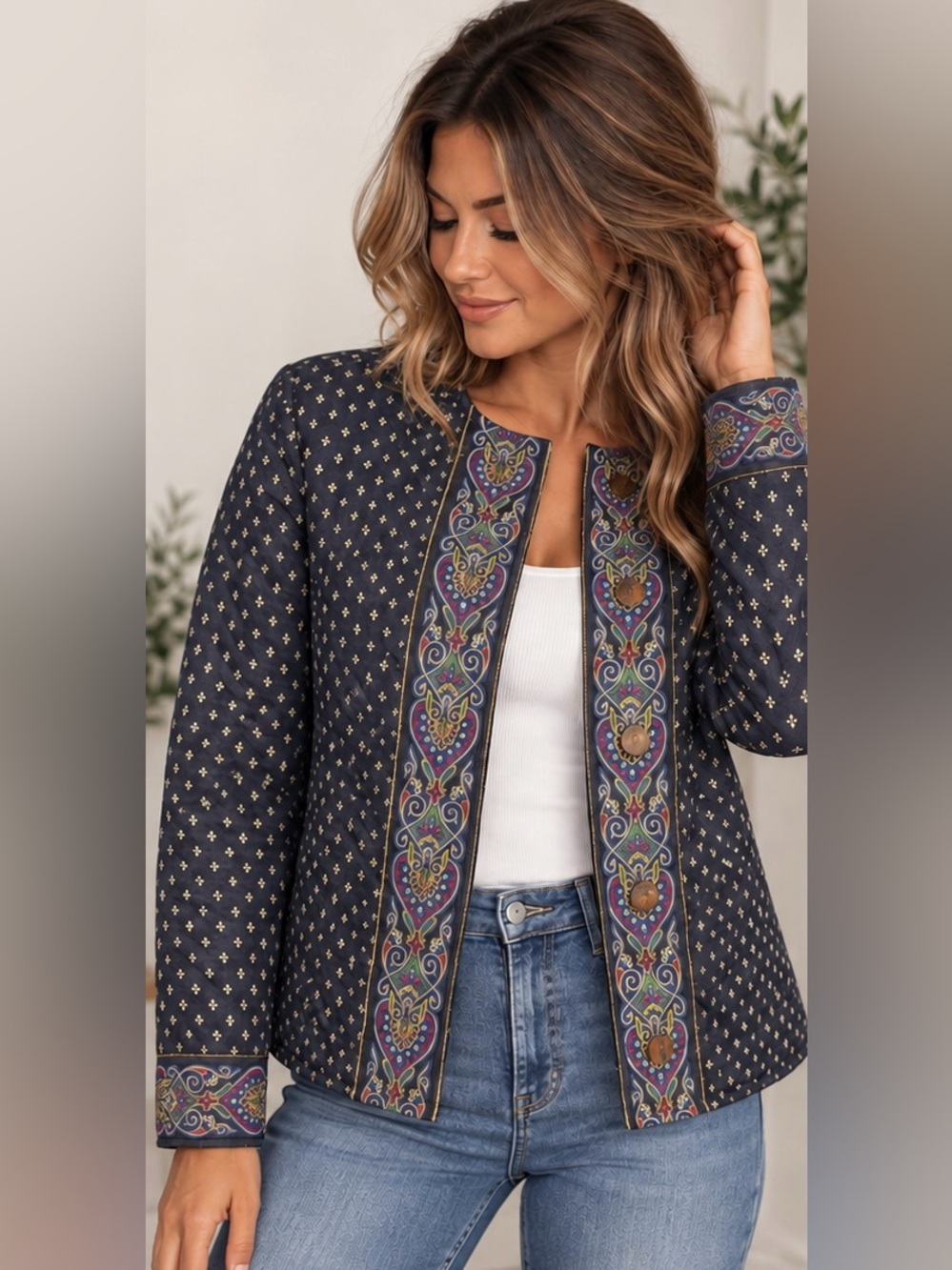 Vintage Quilted Jacket Medium Navy Patterned Boho Button Front